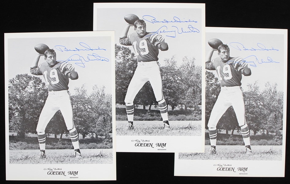 1970s Johnny Unitas Baltimore Colts Signed 8" x 10" Golden Arm Restaurant Photos - Lot of 3 (JSA)