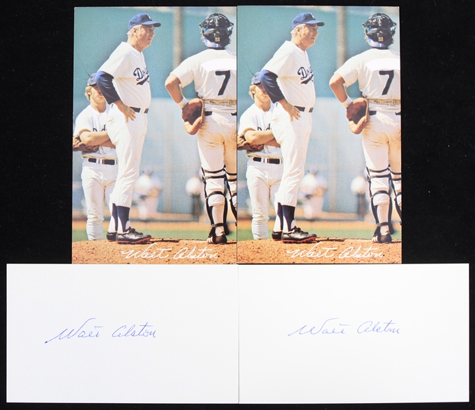 1970s Walter Alston Los Angeles Dodgers Memorabilia Collection - Lot of 4 w/ Postcards & Signed Index Cards (JSA)