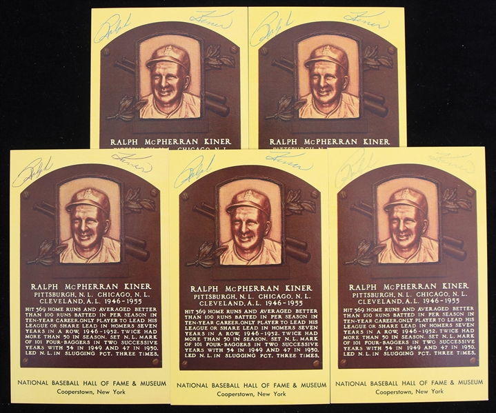 1980s Ralph Kiner Pittsburgh Pirates Signed 3.5" x 5.5" Yellow HOF Postcards - Lot of 5 (JSA)