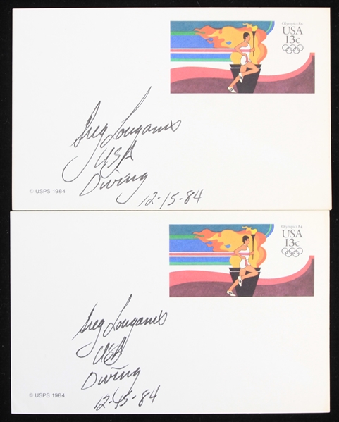1984 Greg Louganis Olympic Medalist Signed 3.5" x 5.5" Olympics Postcards - Lot of 2 (JSA)