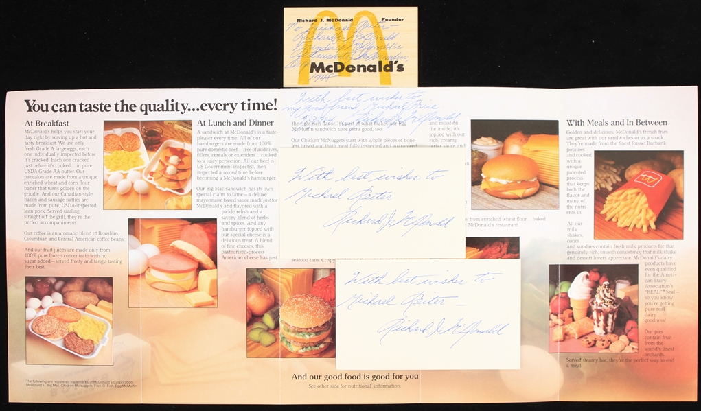 1984 Richard J. McDonald Founder of McDonalds Restaurants Signed Index Cards & Nutritional Brochure - Lot of 4 (JSA)