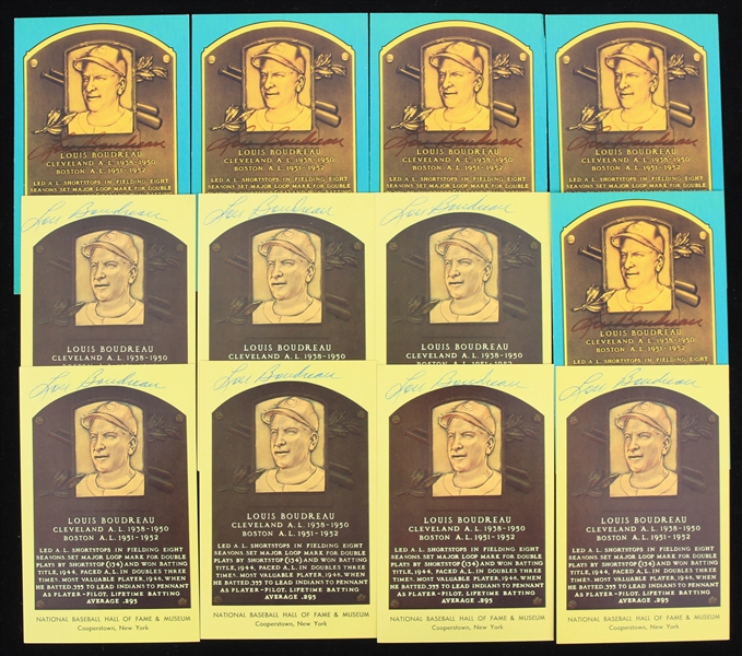 1970s-80s Lou Boudreau Cleveland Indians Signed 3.5" x 5.5" Yellow & Green HOF Postcards - Lot of 44 (JSA)