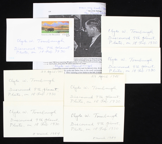 1984-85 Clyde W. Tombaugh Discoverer of Pluto Signed Index Cards & Postcard - Lot of 7 (JSA)
