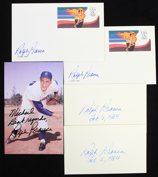 1984 Ralph Branca Brooklyn Dodgers Signed Postcards & Index Cards - Lot of 5 (JSA)