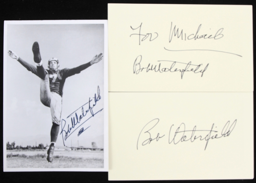 1970s Bob Waterfield Los Angeles Rams Signed Index Cards & Photo - Lot of 3 (JSA)