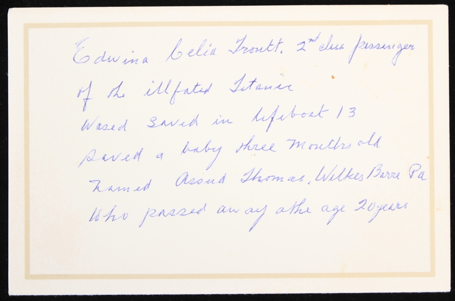 1980s Edwian Celia Troutt Titanic Survivor Handwritten 3.5" x 5.25" Note Card
