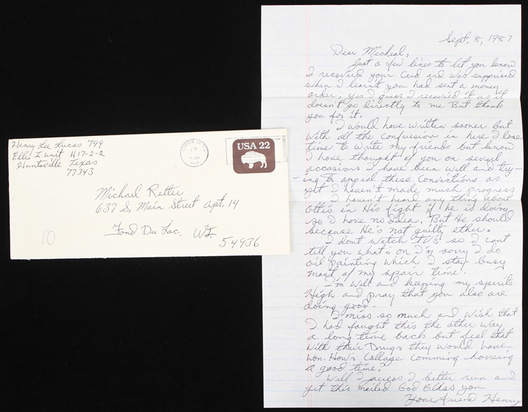 1987 Henry Lee Lucas Serial Killer Signed Correspondence & Postmarked Envelope (JSA)