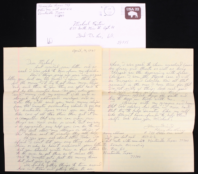 1987 Henry Lee Lucas Serial Killer Signed Correspondence & Postmarked Envelope (JSA)