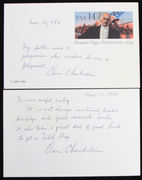 1986 Owen Chamberlain Nobel Prize Physicist Signed 3.5" x 5.5" Postcards - Lot of 2