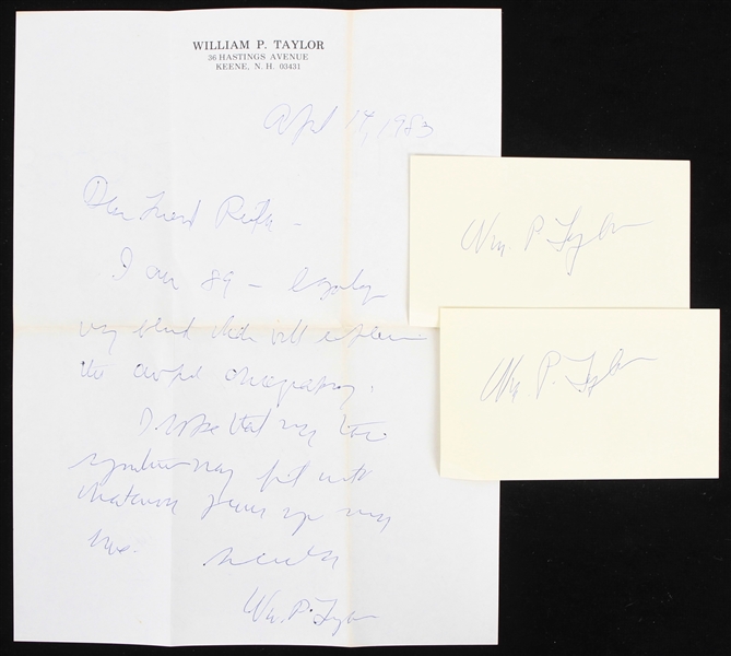 1983 William P. Taylor WWI Fighter Ace Signed Index Cards & Handwritten Letter - Lot of 3
