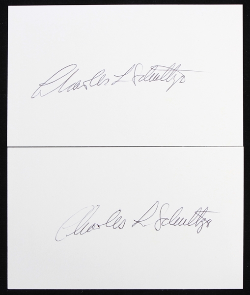 1977-81 Charles L. Schultze Chair of the Council of Economic Advisors Signed 3" x 5" Index Cards - Lot of 2