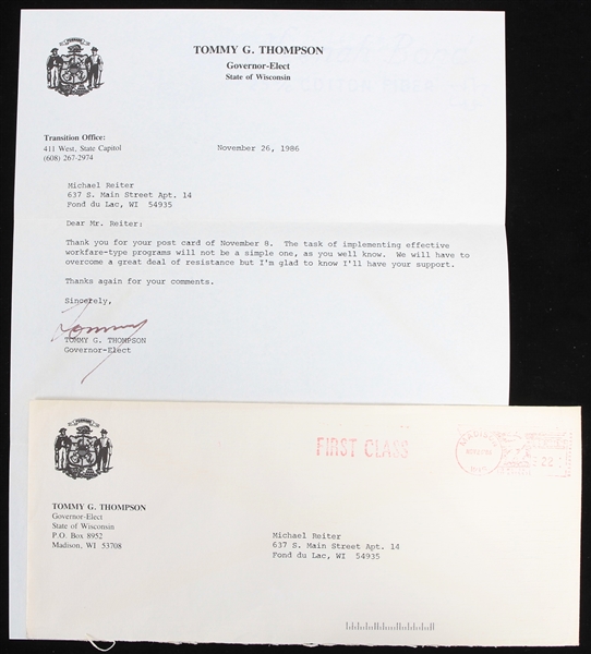 1986 Tommy Thompson Wisconsin Governor Signed Correspondence w/ Original Mailing Evelope