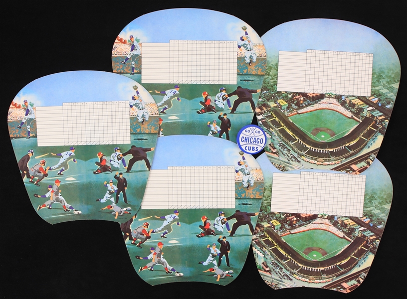 1950s-70s Chicago Cubs Memorabilia - Lot of 6 w/ Wrigley Field Scorecard Fans and Go Go Chicago Cubs Pinback