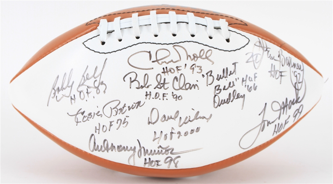 2000s NFL Hall of Fame Multi Signed Wilson Autograph Panel Football w/ 9 Signatures Including Chcuk Noll, Anthony Munoz, Bob St. Clair & More (JSA)