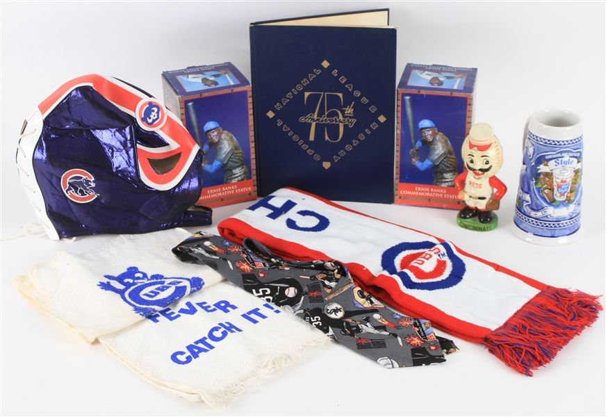 1950s-2000s Baseball Memorabilia Collection - Lot of 10 w/ 75th Anniversary of the National League Hardcover Book, Vintage Cincinnati Reds Nodder, Chicago Cubs Wrestling Mask & More