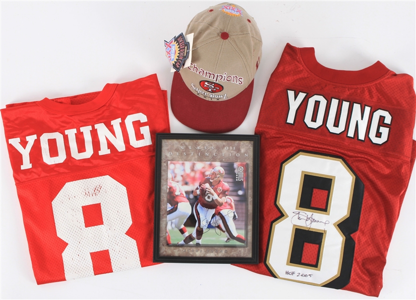 1990s-2000s Steve Young San Francisco 49ers Memorabilia - Lot of 4 w/ Signed Jersey, Retail Jersey, Super Bowl XXIX Cap & More (JSA)