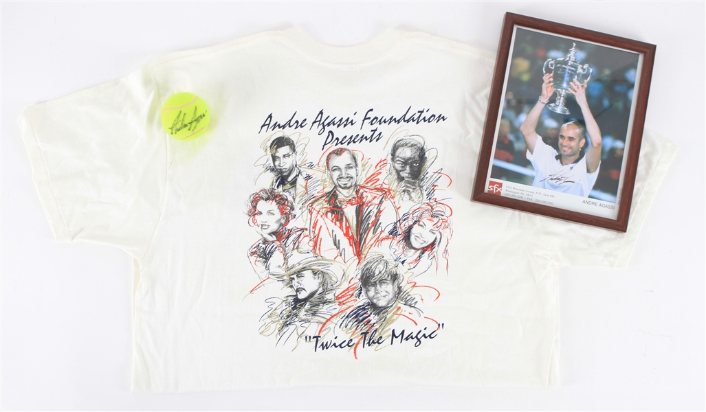 1990s Andre Agassi Eight Time Major Champion Signed Shirt Photo & Tennis Ball - Lot of 3 (JSA)