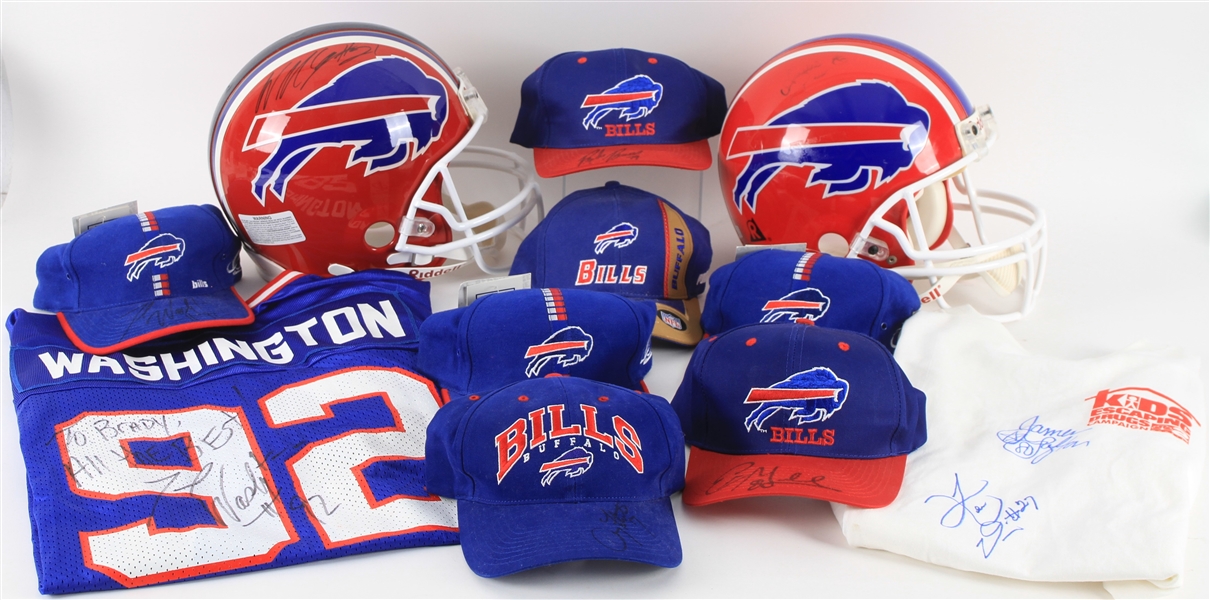 1990s-2000s Buffalo Bills Signed Apparel - Lot of 11 w/ Full Sized Helmets, Caps & More (JSA)