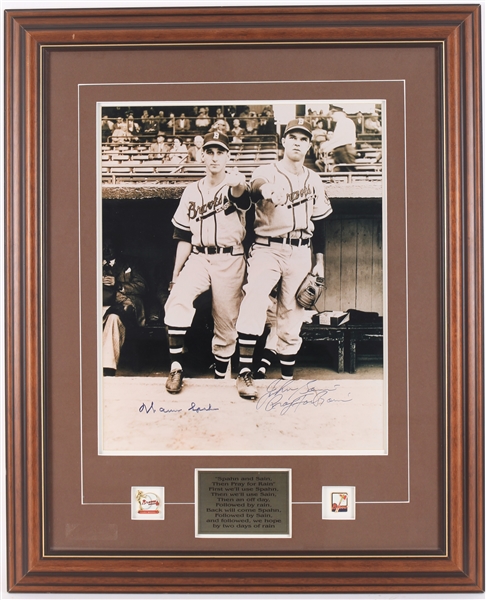 1946-1951 Warren Spahn & Johnny Sain Braves Signed 27x33 Framed Photo w/ Pinbacks (JSA)
