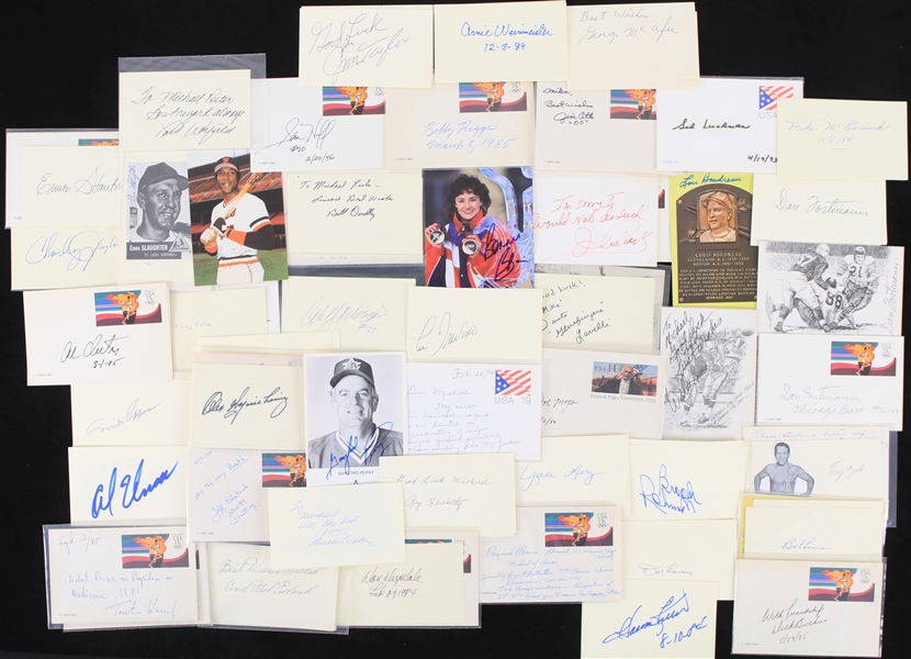 1980s Baseball Football Signed Index Card & Photo Collection - Lot of 100+ w/ Don Drysdale, Dick Butkus, Al Unser, Larry Holmes & More