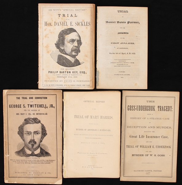 1820s-1870s Murder Trial Books - Lot of 5 w/ Daniel Davis Farmer, Mary Harris, George Twitchell Jr, Daniel Sickles & More