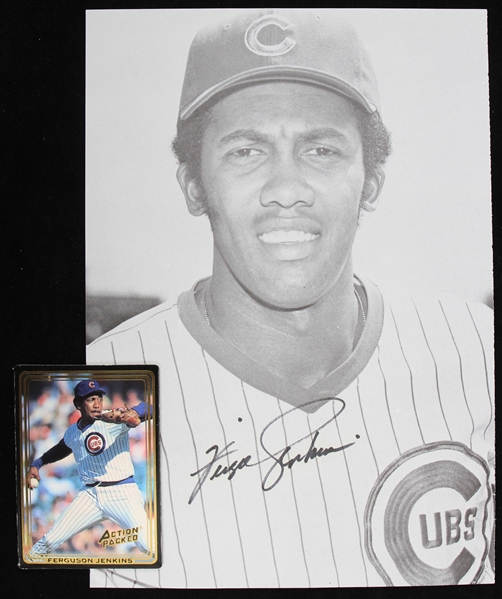 1970s-90s Fergie Jenkins Chicago Cubs Action Packed Baseball Trading Card & Signed 7" x 10" Book Photo - Lot of 2