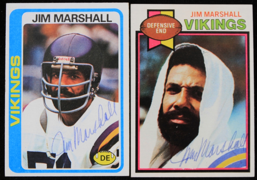 1978-79 Jim Marshall Minnesota Vikings Signed Topps Football Trading Cards - Lot of 2 (JSA)