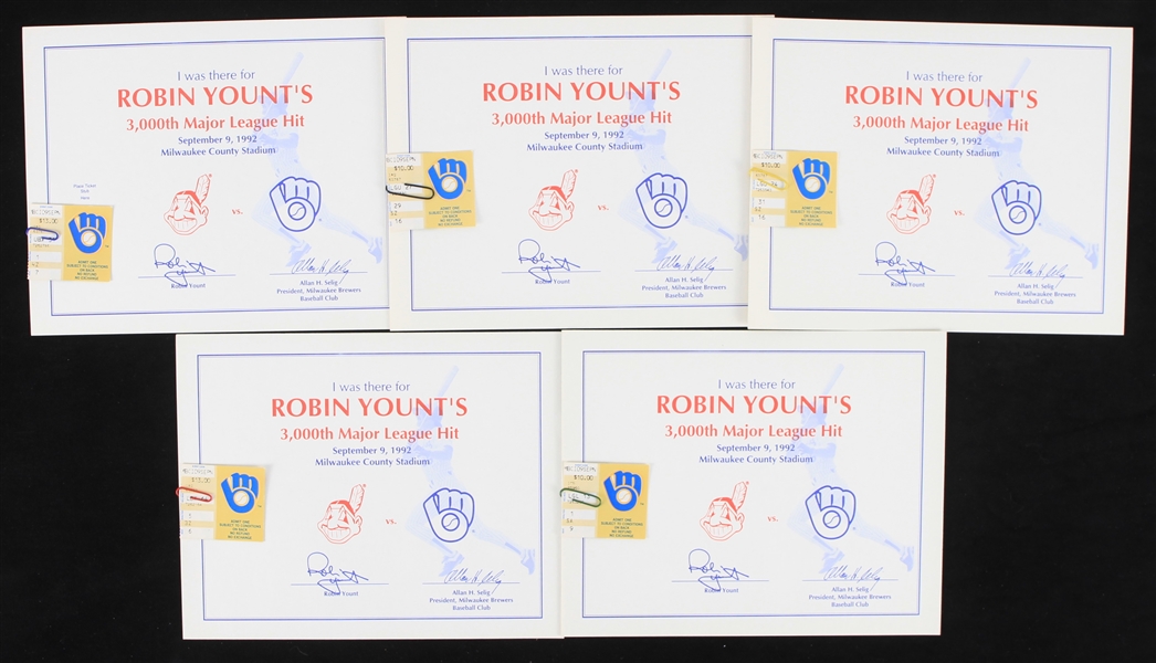 1992 Robin Yount Milwaukee Brewers 3,000th Career Hit Ticket Stubs & Certificates of Attendance - Lot of 5