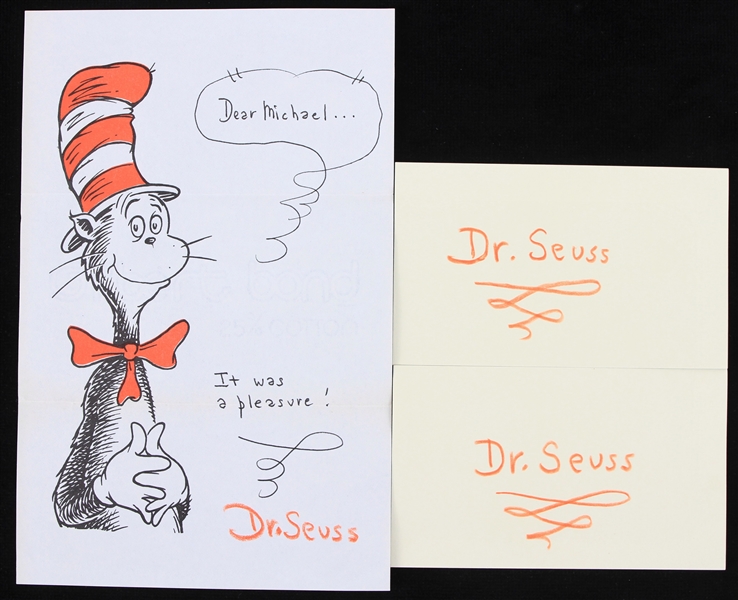 1980s Dr. Seuss Signed Index Cards & Cat in the Hat Sheet - Lot of 3 (JSA)