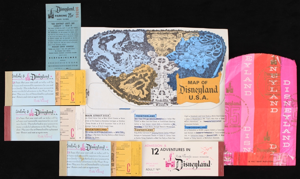 1965 Disneyland 10th Anniversary Memorabilia - Lot of 7 w/ Admission Tickets, Parking Pass, Map & Gift Shop Bag