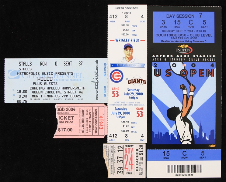 1946-2004 Baseball Tennis Rock N Roll Ticket Collection - Lot of 5