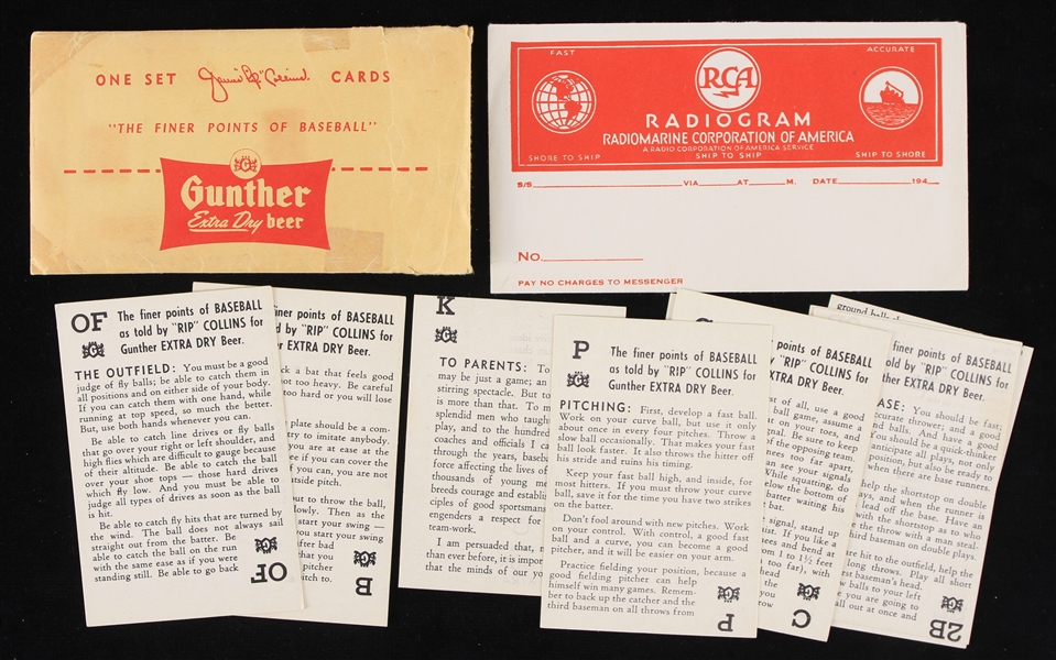 1920s Rip Collins Gunther Extra Dry Beer Baseball Cards w/ Original Envelope