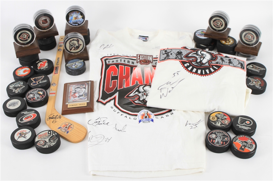 1990s-2000s Hockey Memorabilia Collection - Lot of 40 w/ Pucks, Jeremy Roenick Signed Hockey Stick & More  (JSA)