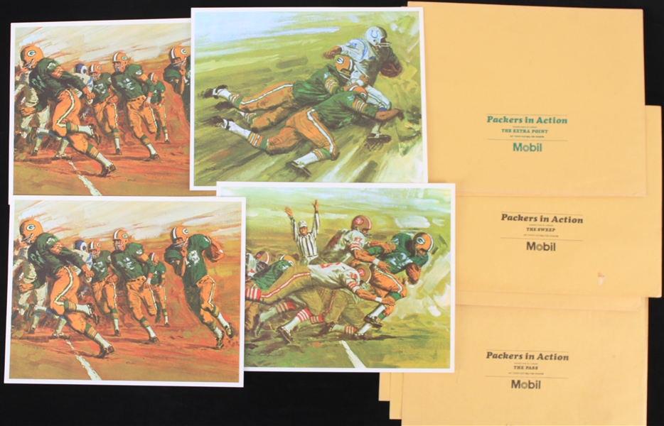 1960s Green Bay Packers "Packers in Action" 11" x 14" Mobil Art Prints - Lot of 11 w/ 7 Original Envelopes