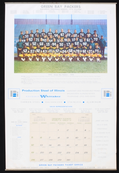1970-71 Green Bay Packers 18" x 28" Production Steel Company of Illinois Team Photo Calendar