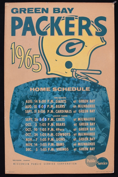 1965 Green Bay Packers 14" x 22" Wisconsin Public Service Corporation Home Schedule Broadside