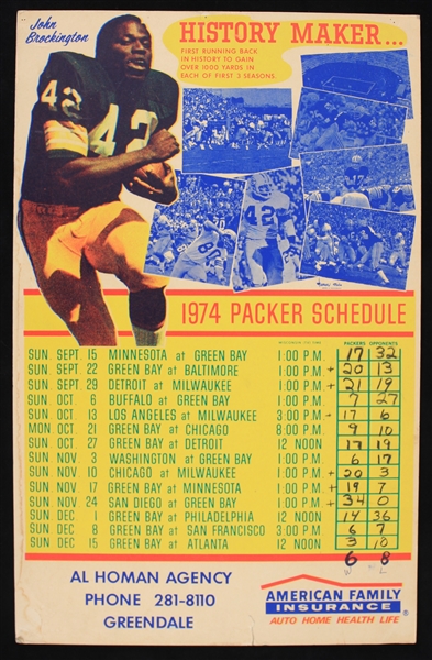 1974 Green Bay Packers 14" x 22" American Family Insurance Schedule Broadside