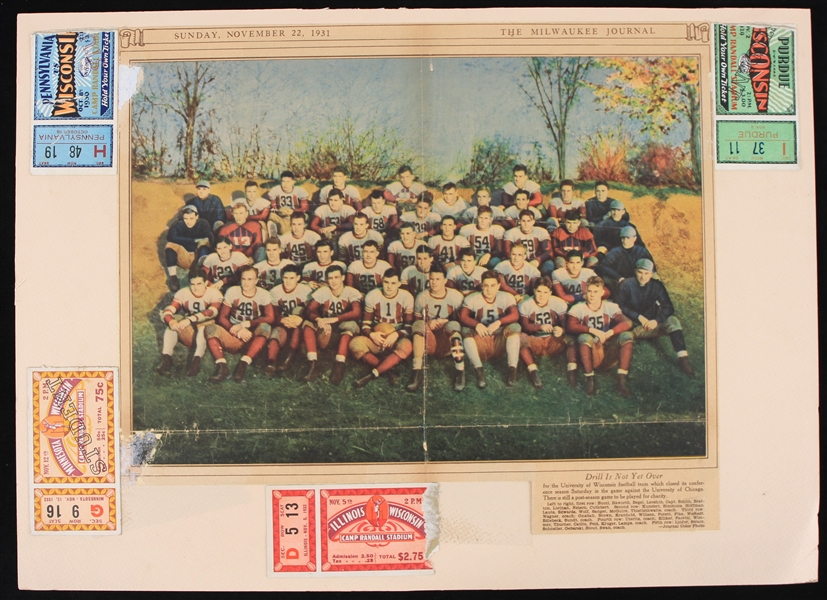 1929-32 Wisconsin Badgers Football 14" x 20" Display Board w/ Ticket Stubs & Newspaper Team Photo