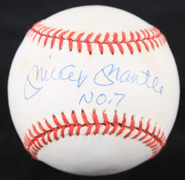 1990-92 Mickey Mantle New York Yankees Signed & "No. 7" Inscribed OAL Brown Baseball (JSA) 