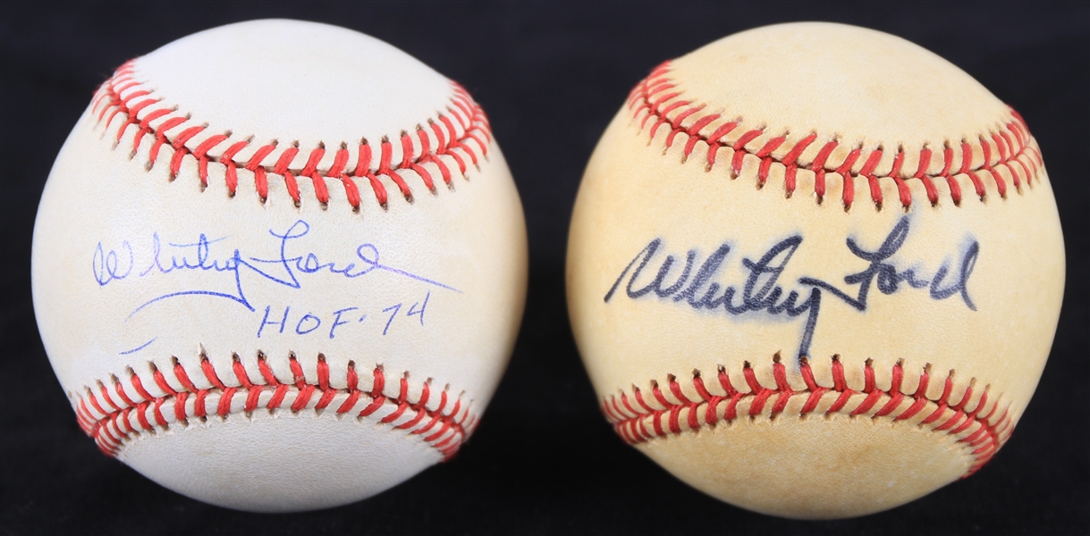 1985-99 Whitey Ford New York Yankees Signed OAL Brown/Budig Baseballs - Lot of 2 (JSA)