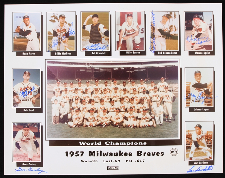 1957 Milwaukee Braves Multi Signed 11" x 14" Photos w/ 8 Signatures Including Eddie Mathews, Warren Spahn, Del Crandall & More (JSA)