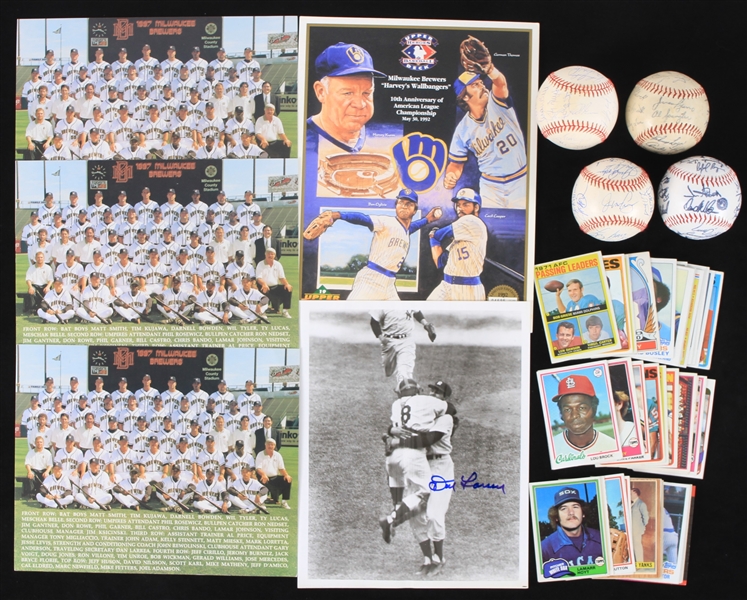 1950s-90s Sports Memorabilia Collection - Lot of 50 w/ Trading Cards, Signed Baseballs, Don Larsen Signed Photo & More (JSA)