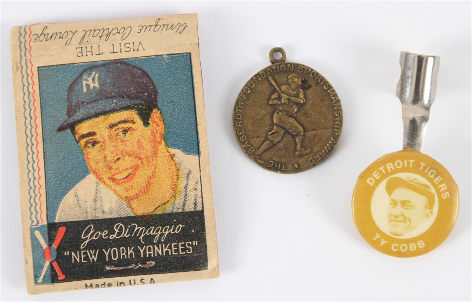 1920s-50s Baseball Memorabilia Collection - Lot of 3 w/ Joe DiMaggio Matchbook, Ty Cobb Pencil Topper and Babe Ruth Medallion