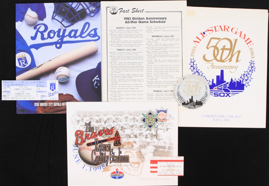 1960s-90s Baseball Memorabilia Collection - Lot of 8 w/ 1983 All Star Game Folder, Photos, Tickets/Stubs, Scorecard & More
