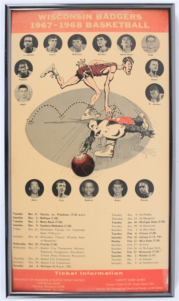 1967-68 Wisconsin Badgers Basketball 9.5" x 16" Framed Schedule Broadside