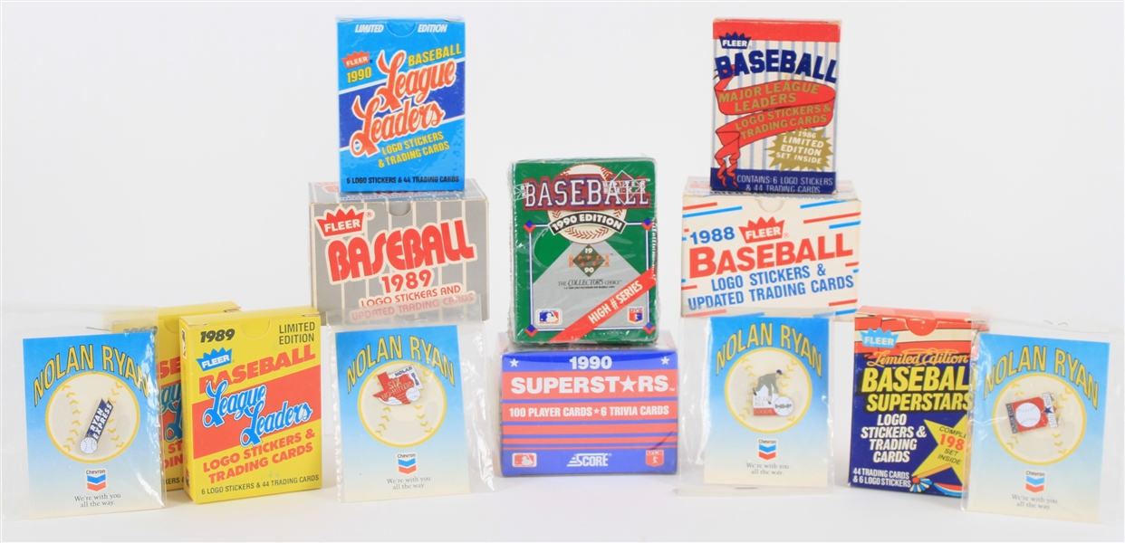 1986-90 Baseball Card Complete Sets & MOC Nolan Ryan Chevron Pins - Lot of 13