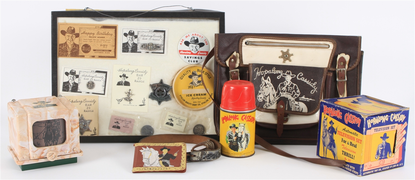 1950s Hopalong Cassidy Memorabilia Collection - Lot of 15 w/ Automatic Television Set, Thermos, Satchel & More 