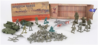 1940s-50s Army Toy Collection - Lot of 40 w/ Soldiers, Vehicles, US Rangers Invasion Barge No. CQ-110B & More