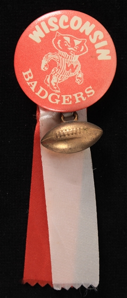 1950s Wisconsin Badgers 1.75" Pinback Button w/ Ribbons & Charm