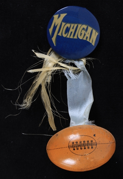 1920s Michigan Wolverines 1.75" Pinback Button w/ Ribbon & Charm